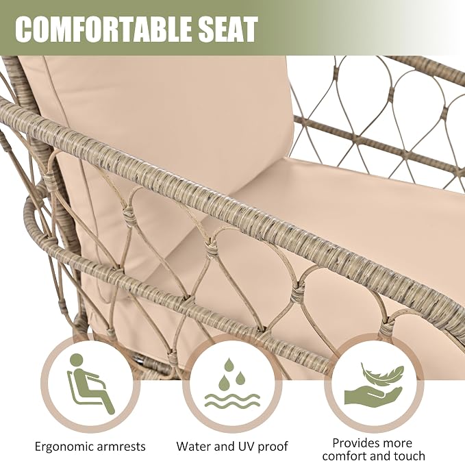 VilroCaz Bohemia-Inspired 4-Person Outdoor Seating Group with Loveseat, 2 Chairs and Table, All Weather Conversation Patio Set with Wood Tabletop and Washable Cushions for Backyard Poolside Garden