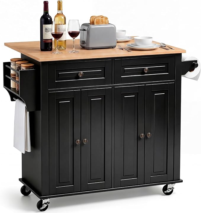 VEVOR Kitchen Island Cart with Storage, 43.58 in Wide Mobile Rolling Storage Island on Swivel Wheels, with 2 Drawers, Storage Cabinet, Drop Leaf, Spice/Towel Rack, Table for Home Dining Room, Black | Home Dining Meal Prep Station With Spice Towel Rack ...