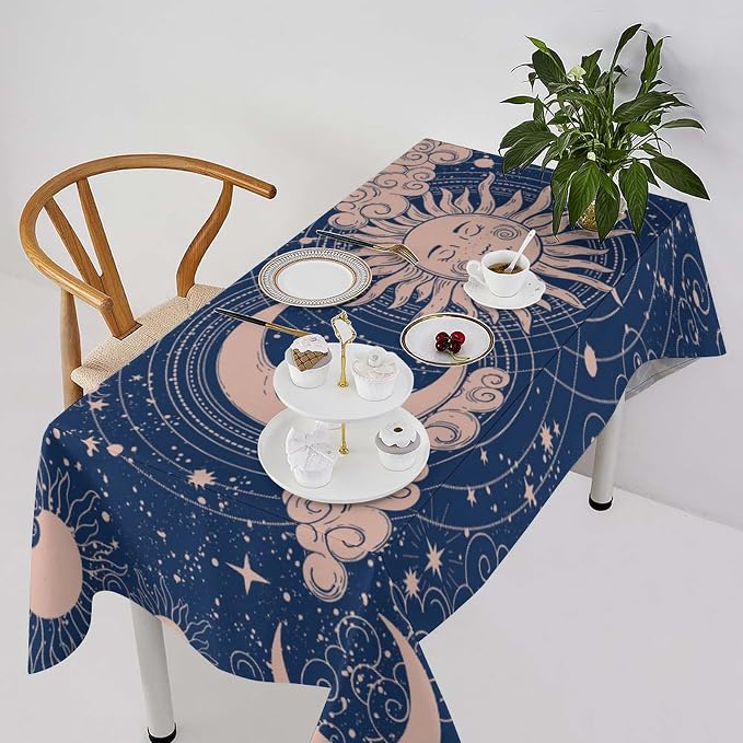 Moon Sun Tablecloth Vintage Boho Celestial Star Magical Galaxy Space Table Cloth Water Resistant Wipeable Table Cover for Farmhouse Picnic Party Holiday Kitchen Dinner Table 60"x120"