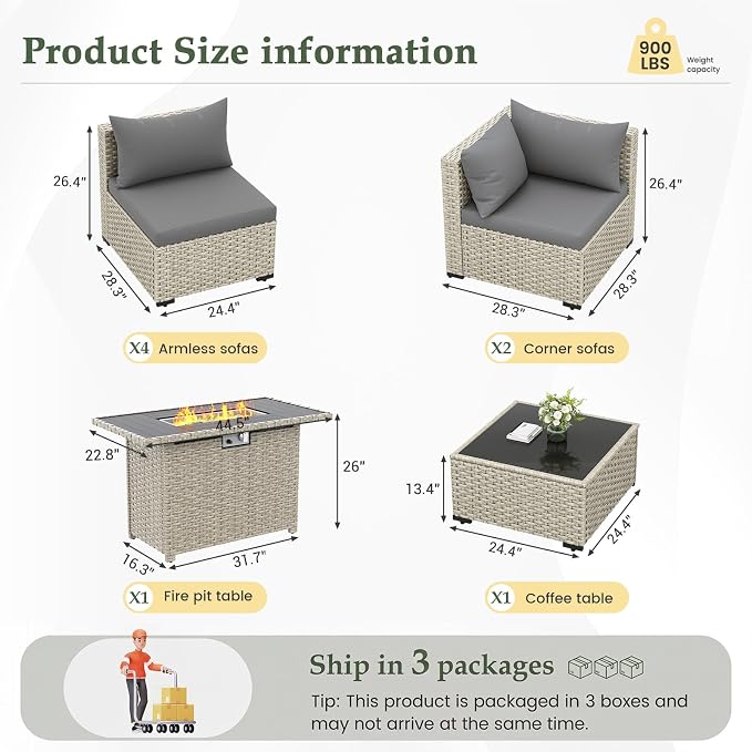 UDPATIO Patio Furniture Set with Fire Pit Table, 8 Pcs Outdoor Sectional Sofa, PE Wicker Patio Conversation Set for Garden, Backyard (Grey Cushions with Light Grey Rattan)