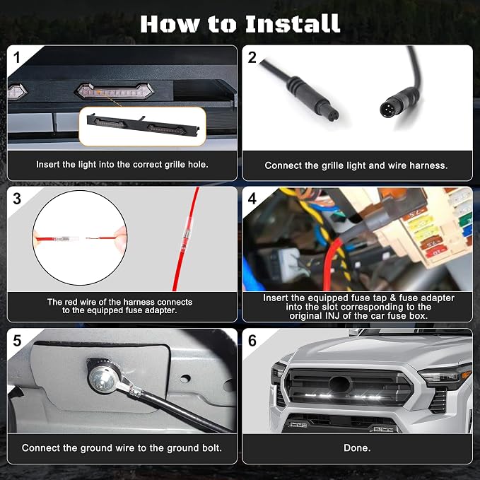 LED Grill Lights - 4PCS Front Grill Lights for Toyota Tacoma SR SR5 2024 2025 2026 with Fuse Adapter & Harness (White Light with Smoked Shell)