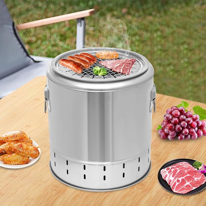 Portable Charcoal BBQ Grill Barrel with 20 Skewers,Outdoor Smokeless 360° Cylinder Stainless Steel Barbecue Barrel for Camping Picnic