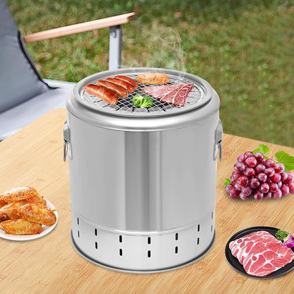 Portable Smokeless Barbecue Charcoal Barrel Grill, Stainless Steel Charcoal BBQ Grills with 20 Skewers Barbecue Barrel Kebob Grill for Travel Camping Picnic Patio Backyard, Diameter 13.4 inch