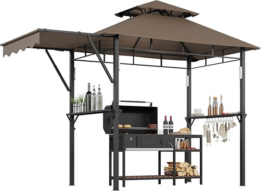 8x5 ft Grill Gazebo, Double Tired Outdoor Patio Canopy Tent with Side Awning Shelves,4 LED Lights,10 Hooks & Bottle Opener,Heavy Duty Steel Frame Grilling Canopy for Patio Backyard Garden Picnic,Brown