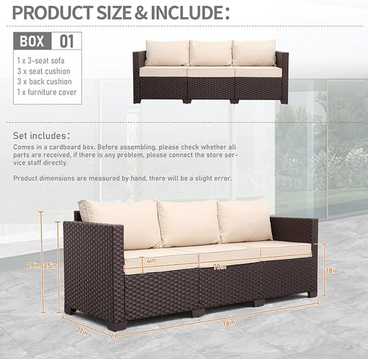 Oasishine Patio Furniture 3-seat Sofa Wicker Outdoor Furniture Outdoor Couch Deep Seat Hight Backrest Non-Slip Cushions, Khaki