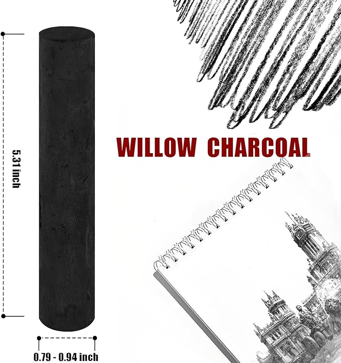 6 Pcs 0.79-0.94 Inch Black Jumbo Willow Charcoal Sticks, Large Soft Willow Charcoal Chunky Drawing Charcoal for Sketching Artist Supplies