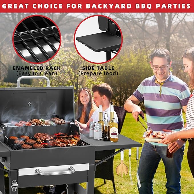 Kendane Charcoal Grill with Side Shelf, 353 Sq.Inch Cooking Area,Large Smoker Barbecue Grill with Warming Rack,Outdoor BBQ Grill with Charcoal Tray for Yard, Camping, Picnic