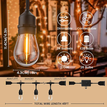 48ft Outdoor String Lights with Remote & Dimmer,24+2 Commercial Grade IP65 Waterproof Bulbs, 2700K Warm White,3 Lighting Modes & Timer,Includes 30 Cable Ties for Patio,Garden, Party