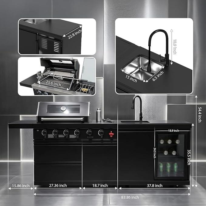 RIGO Premium Black 6 Burner Outdoor Kitchen Island Grill,84 Inch 75300 BTU 304 Stainless Steel Dual Fuel BBQ Grill with Sink,Fridge & Black Granite Countertop for Backyard Patio Commercial Cooking