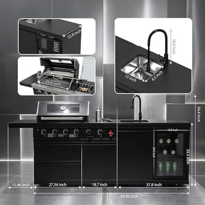 RIGO Premium Black 6 Burner Outdoor Kitchen Island Grill,84 Inch 75300 BTU 304 Stainless Steel Dual Fuel BBQ Grill with Sink,Fridge & Black Granite Countertop for Backyard Patio Commercial Cooking