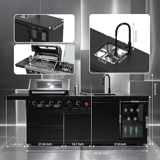 RIGO Premium Black 6 Burner Outdoor Kitchen Island Grill,84 Inch 75300 BTU 304 Stainless Steel Dual Fuel BBQ Grill with Sink,Fridge & Black Granite Countertop for Backyard Patio Commercial Cooking
