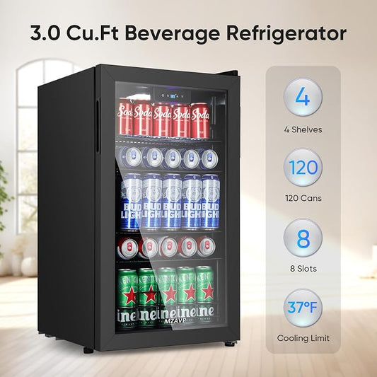 120 Can Beverage Refrigerator, Freestanding Beverage Cooler with Digital Temperature Display, Mini Drink Beer Soda Fridge for Office or Bar, White Indicator Light & Reversible Door - Black