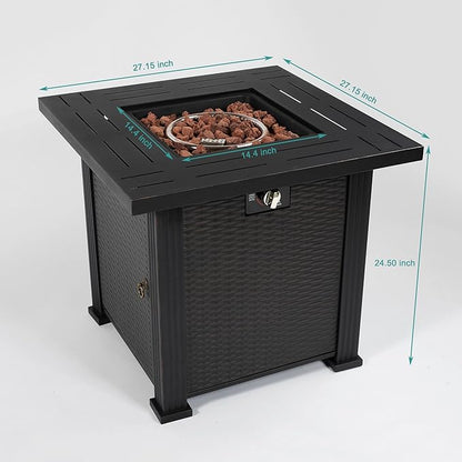 KEIKI 28 Inch Square Propane Fire Pit Table, Outdoor Gas Patio Heater with Metal Tabletop, 50000 BTU Backyard Firepit with Lid and Stones