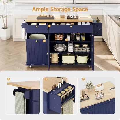 ComfyCorner 60" Rolling Large Kitchen Island on Wheels with Extendable Table, Drop Leaf & Power Outlet, Mobile Kitchen Cart with Storage Cabinet, 2 Drawers, Spice Rack, Towel & Knife Holder, Blue