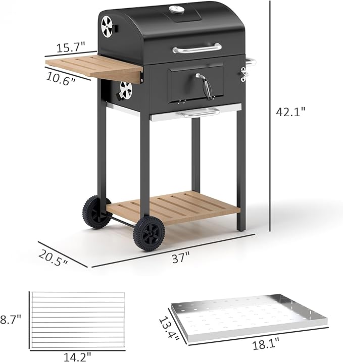 Premium Durable Robust Heavy-Duty Portable Charcoal Barbecue Grill with Side Table Bottom Storage Shelf Wheels Handle Black