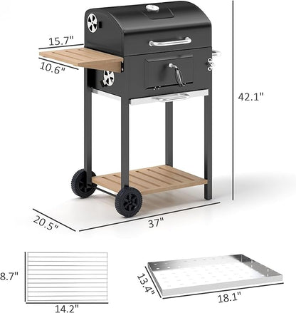 Portable Charcoal BBQ Grill with Adjustable Pan, Side Table, Ash Drawer, Wheels & Thermometer – 37"x20.5"x42.1", Black