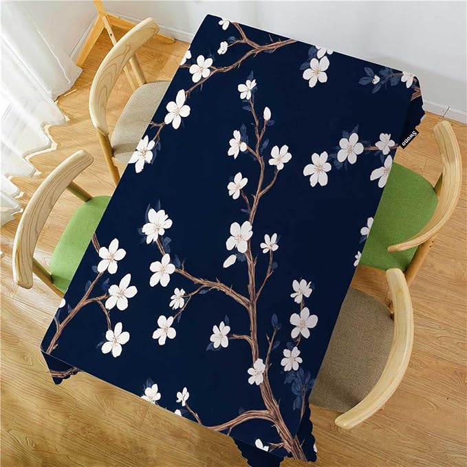 Swono Cherry Blossoms Table Covers 52x70 Inch Branch White Flower Cherry Navy Blue Wipeable Tablecloth Kitchen Dinning Tabletop Decoration, Table Cloth for Outdoor and Indoor Use