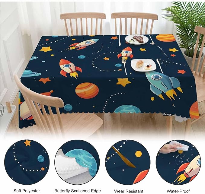 Table Cloth Galaxy Space, Cute Spacecraft Planet Solar System Farmhouse Tablecloth Soft Table Cover for Kitchen Dinning Tabletop Decoration, 52x70 Inch Fitted Tablecloth