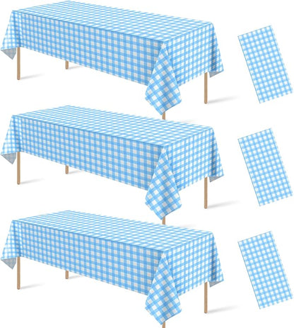 3Pcs Light Blue Gingham Tablecloths, Checkered Party Table Covers 54x108 In | Blue and White Checkered Tablecloths Disposable Waterproof for Baby & Bridal Shower Picnic Camping Birthday Outdoor Tea Party