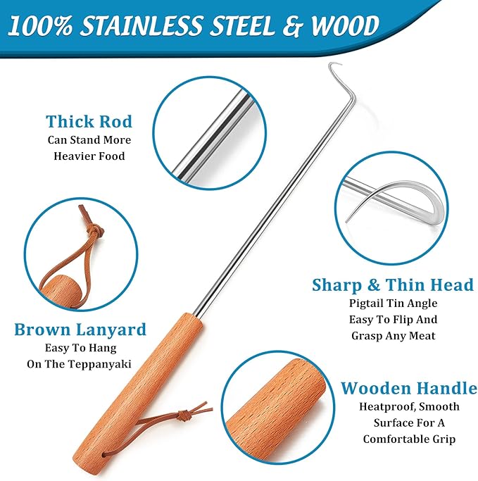 Pigtail Food Flipper Set of 2, Joyfair Stainless Steel Meat Hook & Turner Grill Tools for Outdoor BBQ Grilling & Kitchen Frying, Right Handed, Great Replacement to Tongs (12” & 17”, Wooden Handles)