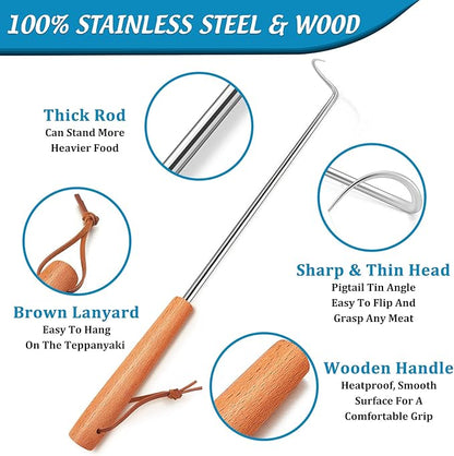 Pigtail Food Flipper Set of 2, Joyfair Stainless Steel Meat Hook & Turner Grill Tools for Outdoor BBQ Grilling & Kitchen Frying, Right Handed, Great Replacement to Tongs (12” & 17”, Wooden Handles)