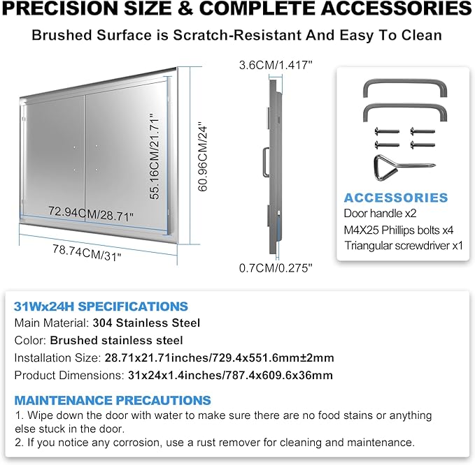 Outdoor Kitchen Door 31" W x 24" H-304 Stainless Steel Never Rust Cabinet Door-Double Layer-BBQ Access Doors-Weatherproof GrillDoor-Flush Mount BBQ Island Doors-MetalDoor for Outdoor Indoor Kitchen