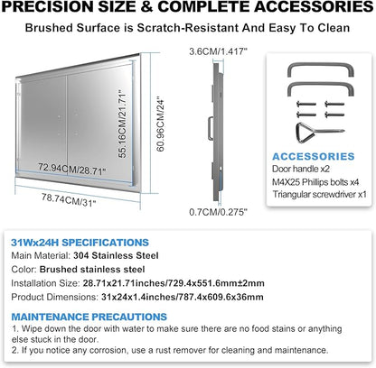 Outdoor Kitchen Door 31" W x 24" H-304 Stainless Steel Never Rust Cabinet Door-Double Layer-BBQ Access Doors-Weatherproof GrillDoor-Flush Mount BBQ Island Doors-MetalDoor for Outdoor Indoor Kitchen