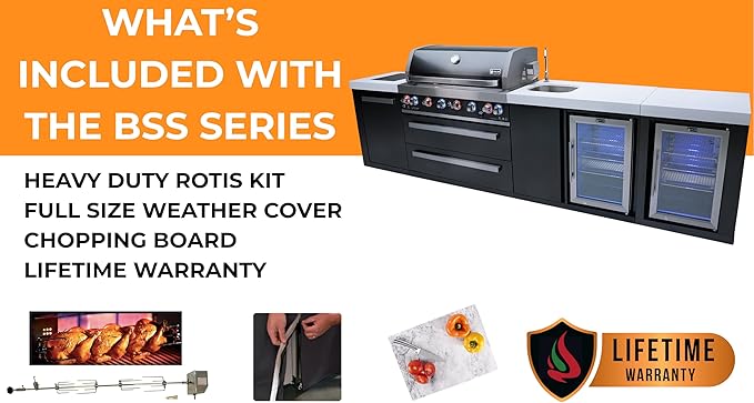 Mont Alpi 82"W x 23"D x 46"H Black Stainless Steel Modular Outdoor Kitchen Island with Refrigerator + 32"W 4-Burner BBQ Gas Grill + Side Burner + Granite Countertops + Storage Cabinets & Drawers