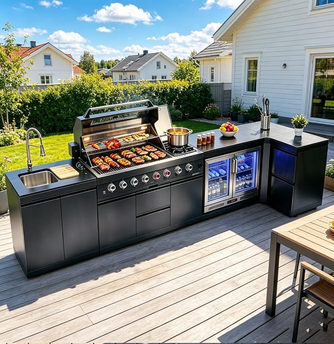 Outdoor Kitchen Island, Natural Gas Grill with Standalone Side Burner Island, 96,000 BTU BBQ Grill with Sink, Refrigerator, Granite Countertop, Grill Cart & Storage Drawers Black+153in