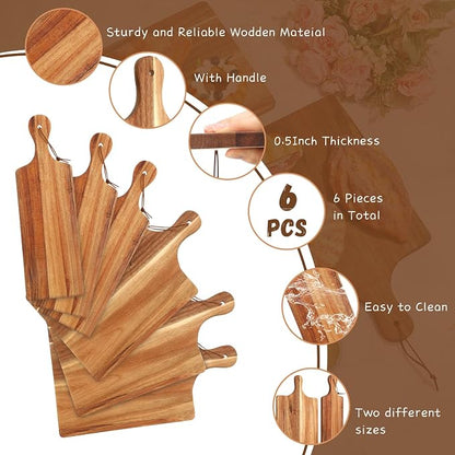 6 Pcs Acacia Wood Cutting Board Set with Handle, Bulk Chopping | Large Serving Boards for Charcuterie, Engraving Ready, 16x10 & 16x5 Inch, Wedding Housewarming Gifts, Natural Acacia Wood