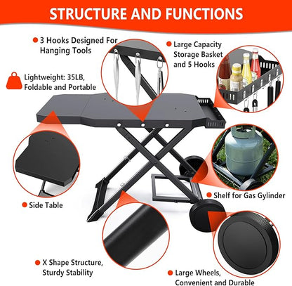 Upgraded Portable Grill Cart for Weber Q1200, Q1000, Q2200, Q2000, Q2400, Foldable Cart for Weber Q Series Gas Grills, Outdoor BBQ Stand with Propane Tank Holder for Travel and Camping