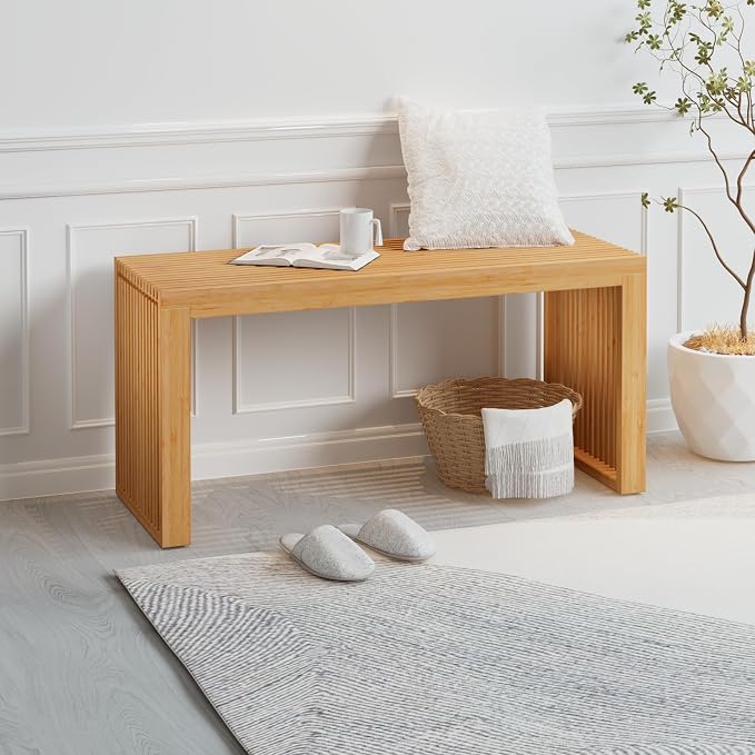 APRTAT Bamboo Dining Bench 35-Inch Indoor Wood Shoe Rack Bench for Entryway | Easy Assemble, Sturdy & Durable,Slatted Design,Versatile Everyday Seating,Living Room Hallway Bedroom Bathroom