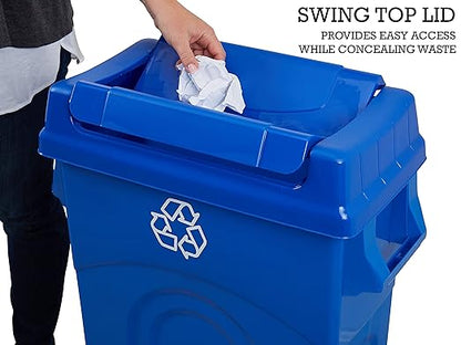 United Solutions 23 Gallon Highboy Plastic Recycling Bin Kitchen Trash Can with Lid, Pass Through Handles, and Dustpan Edge, Blue