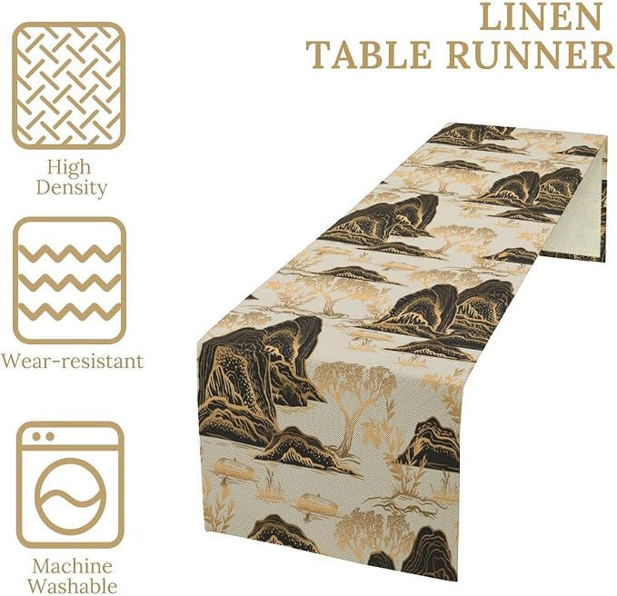 Japanese Table Runner Oriental Gold Pine Tree Vintage Asian Chinese Traditional Chinoiserie Mountains Dinner Runner for Home Kitchen Dining Table Holiday Party 13x120in