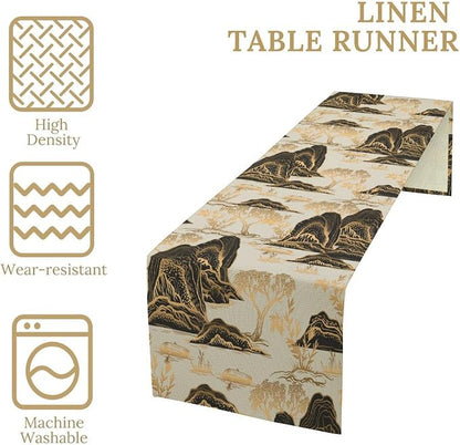 Japanese Table Runner Oriental Gold Pine Tree Vintage Asian Chinese Traditional Chinoiserie Mountains Dinner Runner for Home Kitchen Dining Table Holiday Party 13x120in