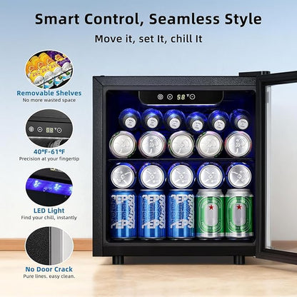 Antarctic Star 48 Can Mini Beverage Refrigerator, 1.3 Cu.Ft Compact Drink Cooler with Glass Door, Adjustable Temp 40-61°F, Quiet Freestanding Wine & Soda Cooler for Home Office Dorm, LED Lit