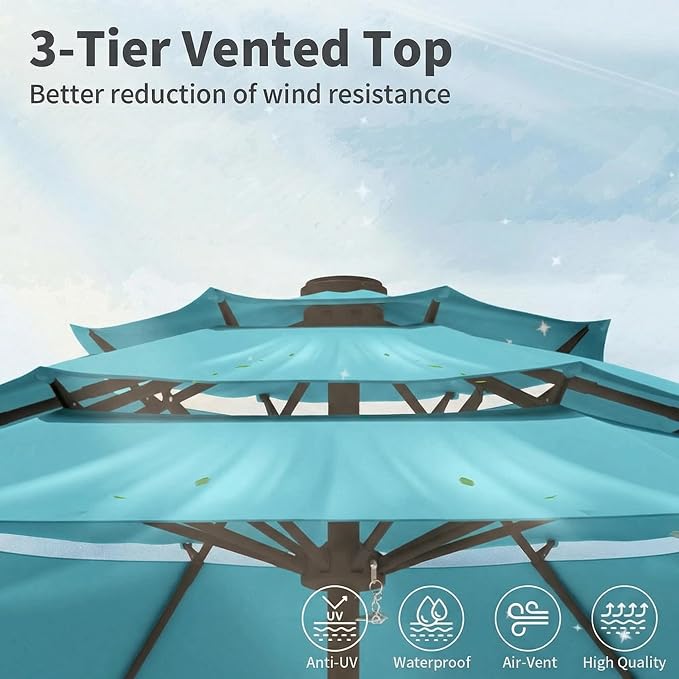 10FT Patio Umbrella 3 Tiers Outdoor Market Umbrella w/Push Button Tilt, Crank, UV and Waterproof Table Umbrella for Garden, Pool, Backyard, Deck, Lawn, Sky Blue