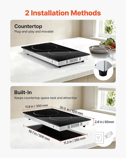 VEVOR Electric Cooktop 12inch 2 Burners Portable Stove Top 1800W 120V, Ceramic Countertop/Built-in Radiant Electric Stove, with 9 Power Levels, Timer, Child Lock, Over-Heat Guard, Touch Control