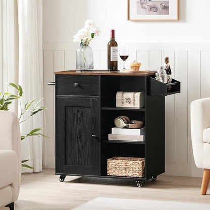 HOOBRO Kitchen Island, Storage Cabinet with Drawer, Kitchen Cart with Spice and Towel Rack, Saving Space, Easy Assembly, for Living Room, Rustic Brown and Black FB12ZD01
