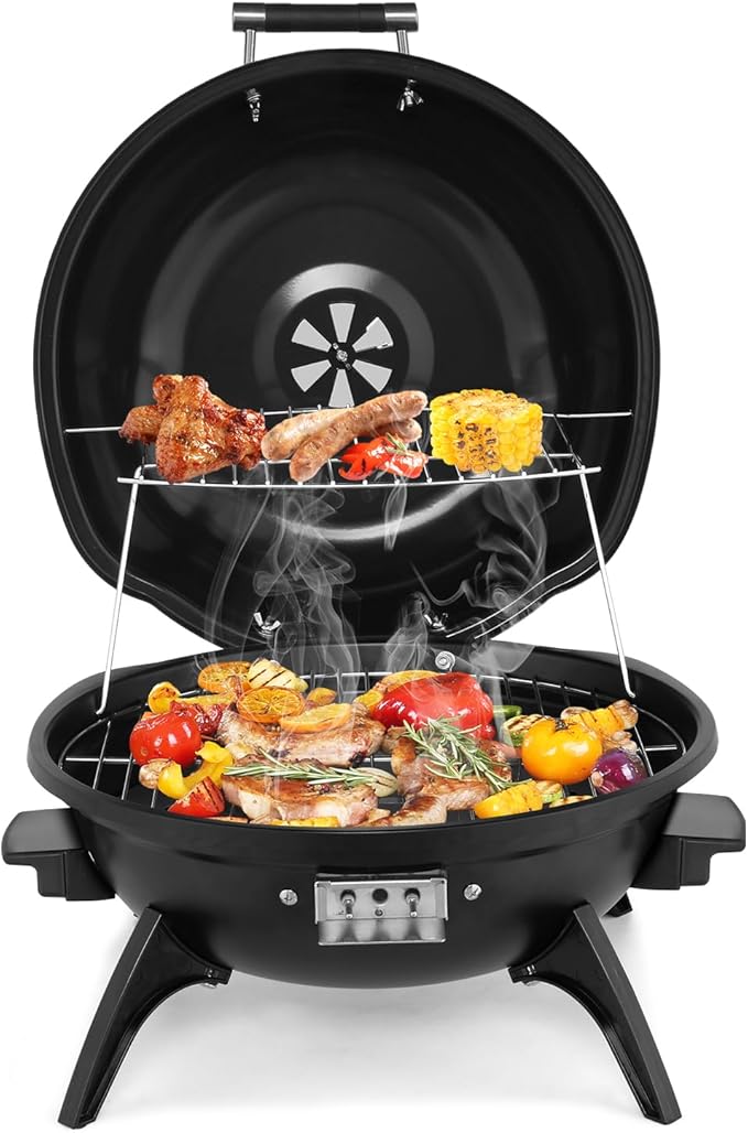 ROVSUN 1600W Vertical Electric Grill with Lid, Red 304 Stainless Steel Grill w/Detachable Pull-out Drip Tray, Double Layer Design, Portable & Removable, for Indoor and Outdoor Use (Black Tabletop)