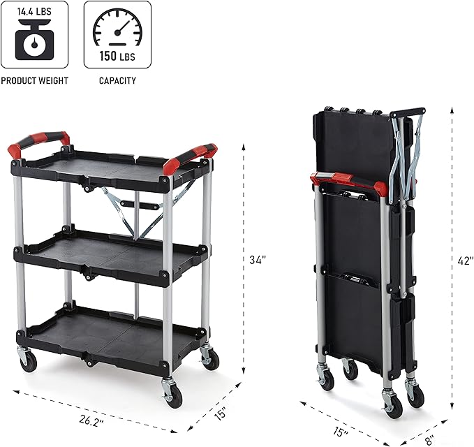 Olympia Tools 410-007 Pack-N-Roll 150 lbs Folding Collapsible Service Cart, Black/Red