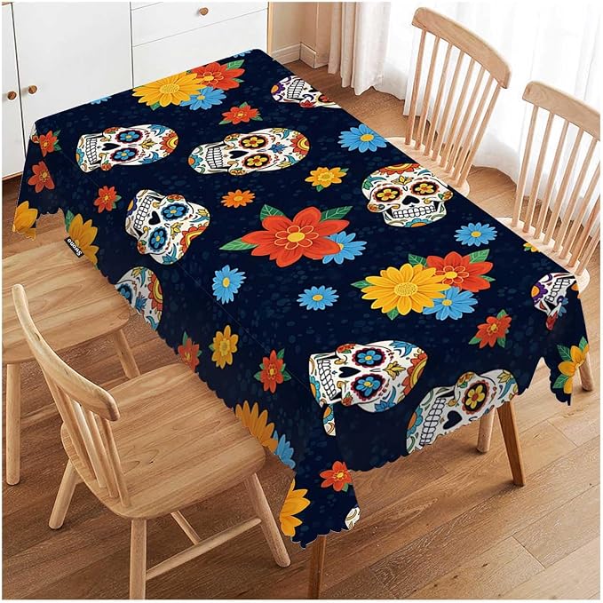 Swono Day of The Dead Table Cloth Rectangle Tables Mexican Sugar Skulls Flowers Kitchen Table Cover Oblong 52"X70" Tablecloth for Dining Table Buffet Parties Patio and Camping