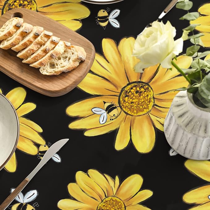 Horaldaily Summer Tablecloth 90 x 90 Inch Round Yellow Sunflower Bumble Bee | Black Fall Washable Table Cover for Party Picnic Dinner Decor