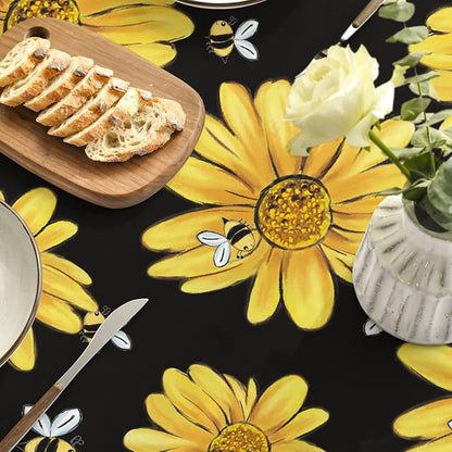 Horaldaily Summer Tablecloth 60 x 84 Inch Rectangular Yellow Sunflower | Bumble Bee Black Fall Washable Table Cover for Party Picnic Dinner Decor