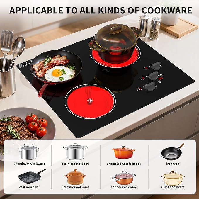 GIHETKUT Electric Cooktop, 220V 5000W Stove Top, 9 Power Levels, Kids Lock & Timer, Hot Surface Indicator, Overheat Protection,knob and touch control 3 Burner Electric cooktop