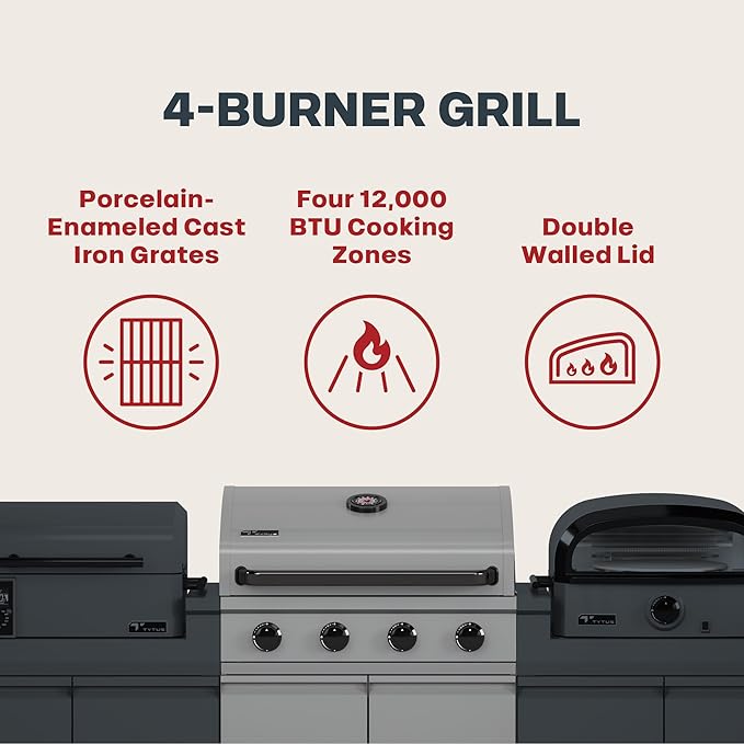 Tytus Anaheim 4-Burner Gas Grill with Two Prep Carts, Pellet Smoker, and Pizza Oven with Cover - Modular Outdoor Kitchen, Quick Assembly, Grill for Outdoor Cooking, Kitchen Island for BBQ