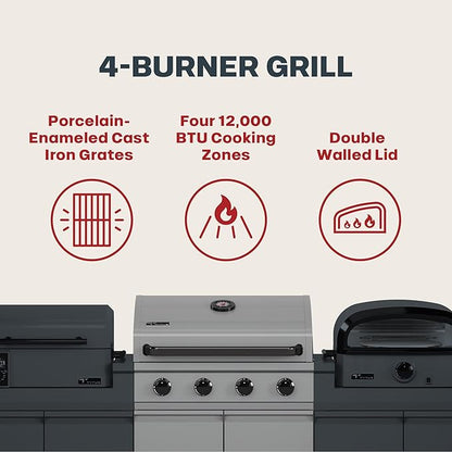 Tytus Anaheim 4-Burner Gas Grill with Two Prep Carts, Pellet Smoker, and Pizza Oven with Cover - Modular Outdoor Kitchen, Quick Assembly, Grill for Outdoor Cooking, Kitchen Island for BBQ