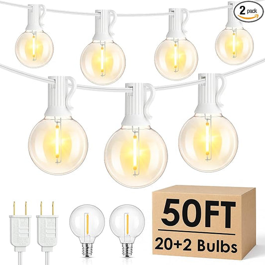 Mlambert 50FT(2x25FT) G40 LED Plug-in Outdoor String Lights 22 Bulbs, White | Plug-in Waterproof Patio Porch Lights for Backyard Party Decor, Connectable, Dimmer not included, Warm White