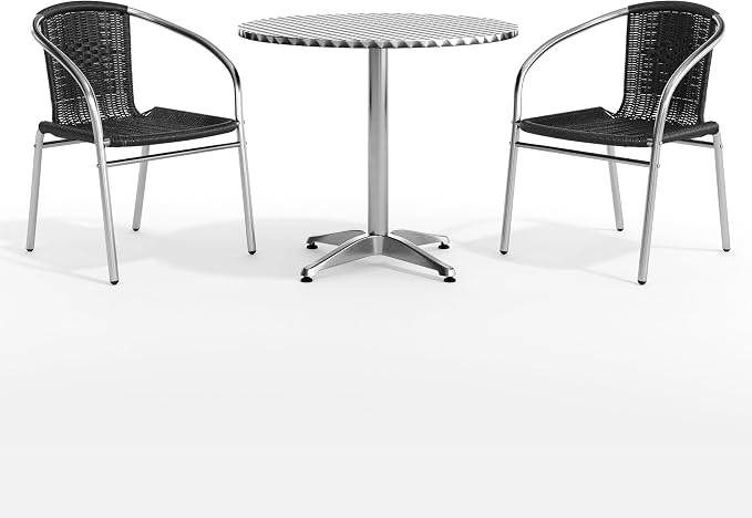 Flash Furniture Lila 31.5'' Round Aluminum Indoor-Outdoor Table Set with 2 Black Rattan Chairs | Indoor/Outdoor Use, Black Rattan Chairs