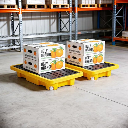 2 Pcs Spill Containment Pallet, 2-Drum Plastic Platform with Drain Outlet, 2000Lbs Load 26”x14”x4.7”, Leakproof Stackable Tray for Garage/Kitchen/Basement/Industrial Storage